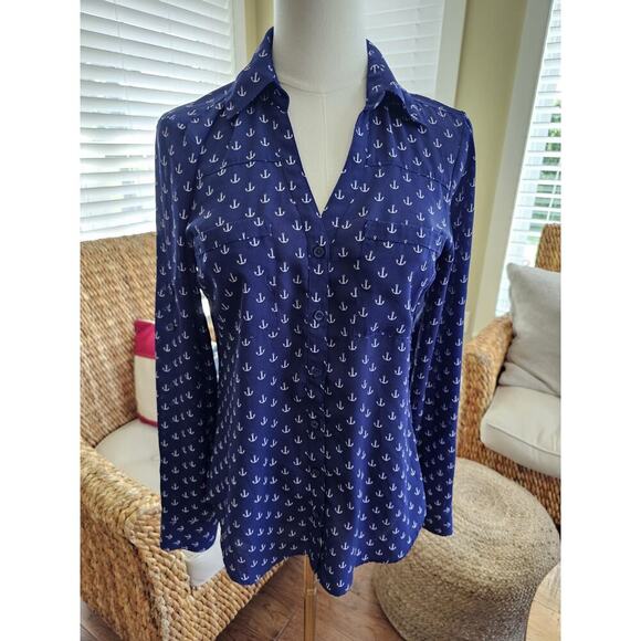 Express The Portofino Shirt Nautical Anchor Print Navy Blue XS Roll Tab Sleeves - Picture 2 of 8